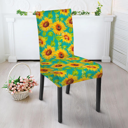 Teal Watercolor Sunflower Pattern Print Dining Chair Slipcover