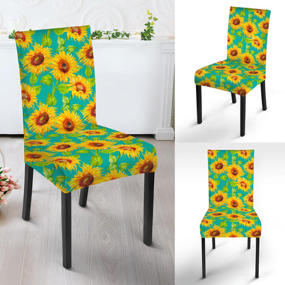 Teal Watercolor Sunflower Pattern Print Dining Chair Slipcover