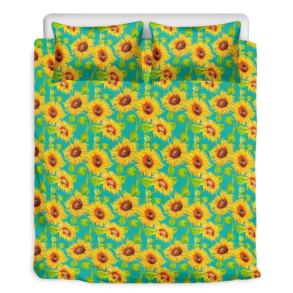 Teal Watercolor Sunflower Pattern Print Duvet Cover Bedding Set