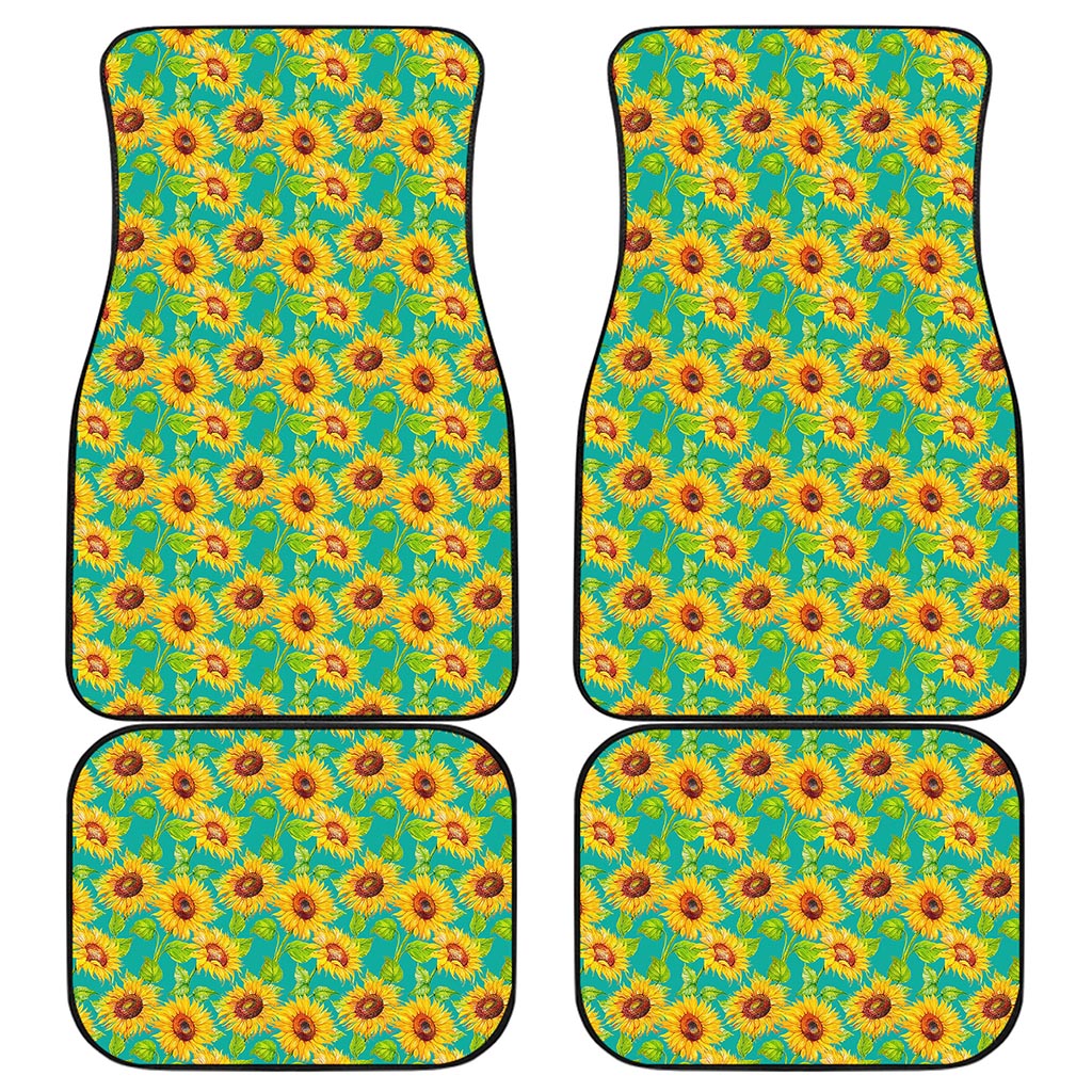 Teal Watercolor Sunflower Pattern Print Front and Back Car Floor Mats