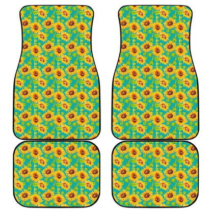 Teal Watercolor Sunflower Pattern Print Front and Back Car Floor Mats