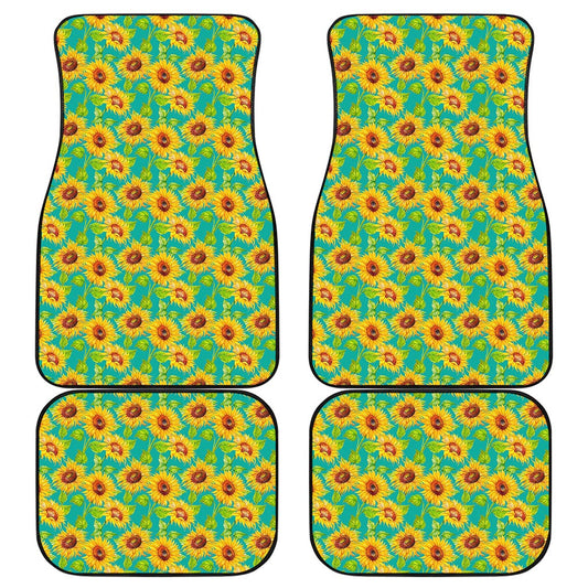 Teal Watercolor Sunflower Pattern Print Front and Back Car Floor Mats