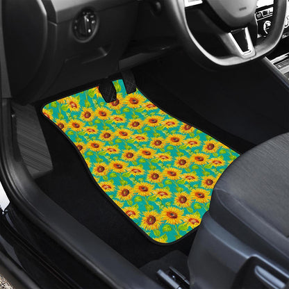 Teal Watercolor Sunflower Pattern Print Front and Back Car Floor Mats
