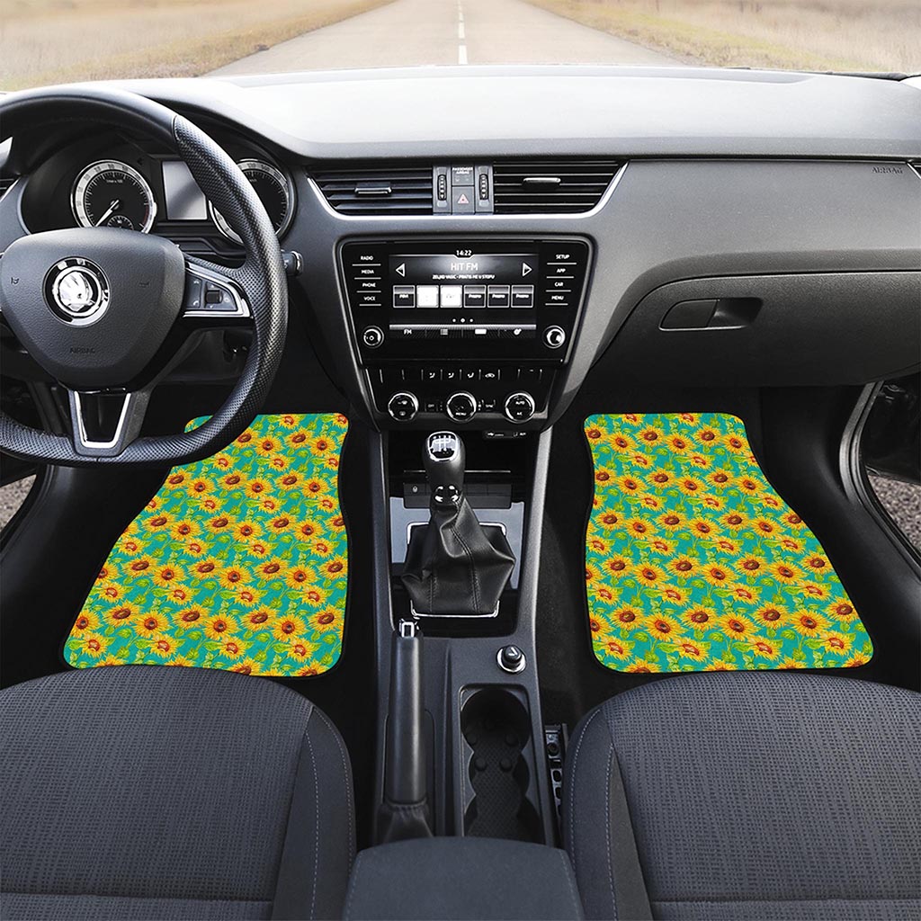 Teal Watercolor Sunflower Pattern Print Front Car Floor Mats