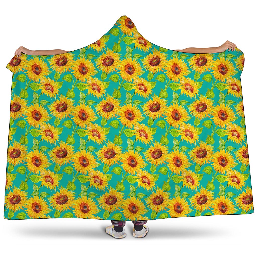 Teal Watercolor Sunflower Pattern Print Hooded Blanket