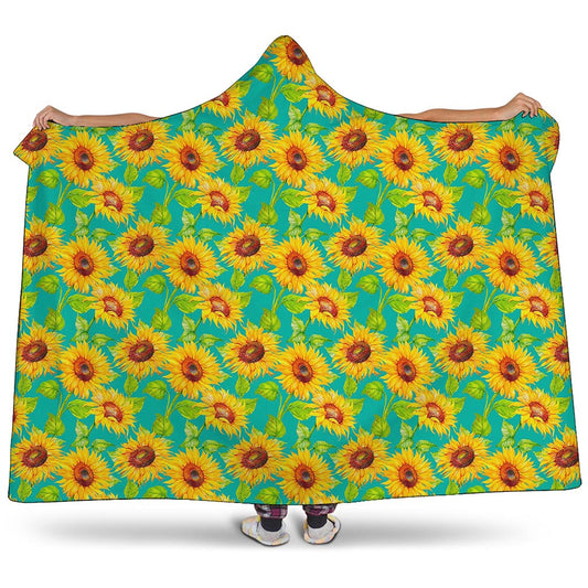 Teal Watercolor Sunflower Pattern Print Hooded Blanket