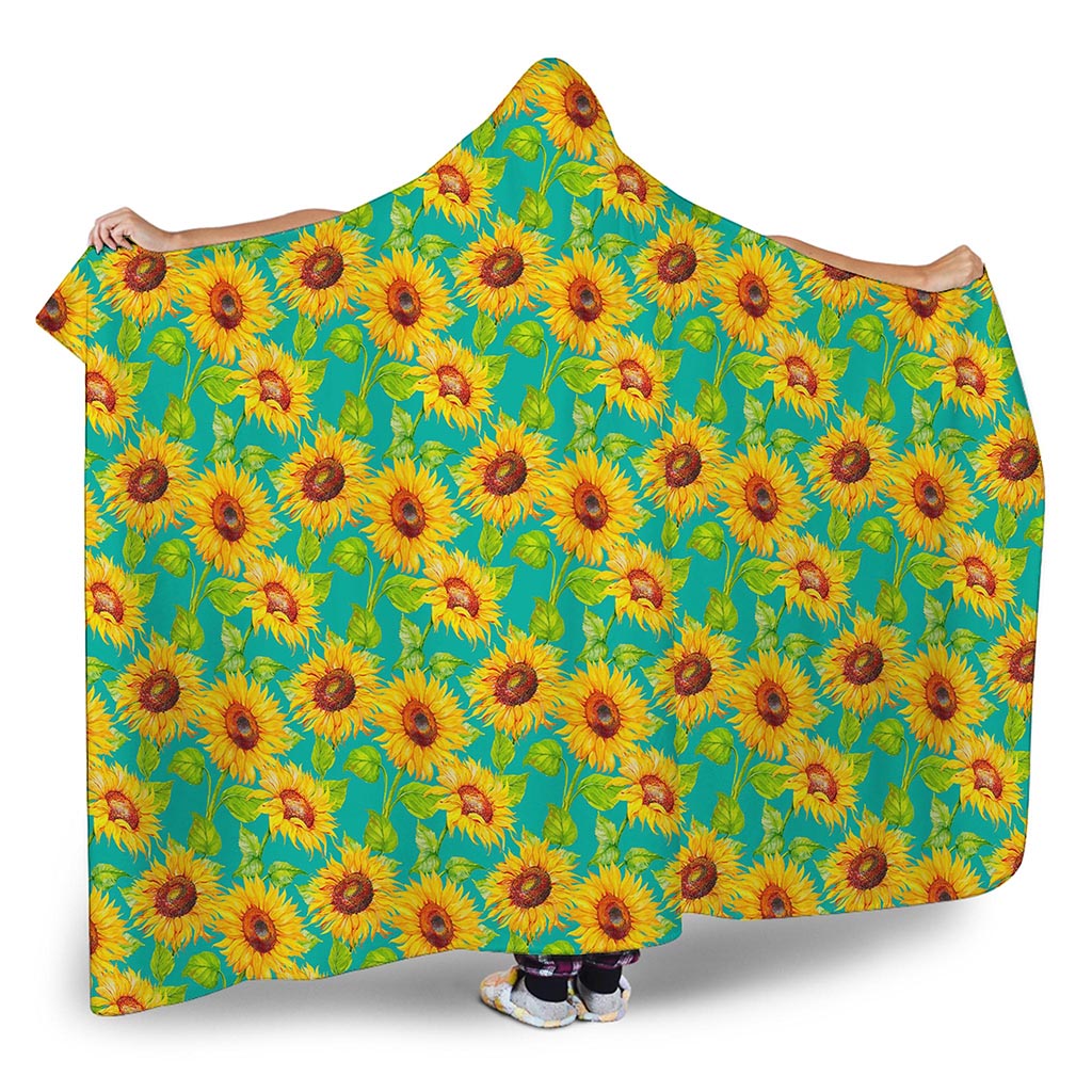 Teal Watercolor Sunflower Pattern Print Hooded Blanket