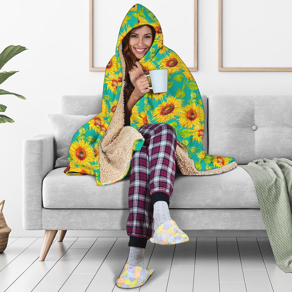 Teal Watercolor Sunflower Pattern Print Hooded Blanket