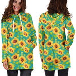 Teal Watercolor Sunflower Pattern Print Hoodie Dress GearFrost