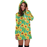 Teal Watercolor Sunflower Pattern Print Hoodie Dress GearFrost