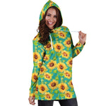 Teal Watercolor Sunflower Pattern Print Hoodie Dress GearFrost