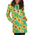 Teal Watercolor Sunflower Pattern Print Pullover Hoodie Dress
