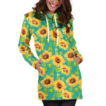 Teal Watercolor Sunflower Pattern Print Hoodie Dress GearFrost
