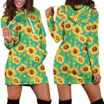 Teal Watercolor Sunflower Pattern Print Hoodie Dress GearFrost