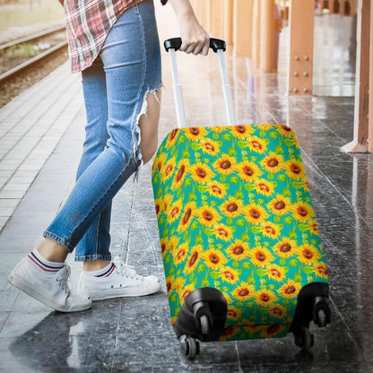 Teal Watercolor Sunflower Pattern Print Luggage Cover GearFrost