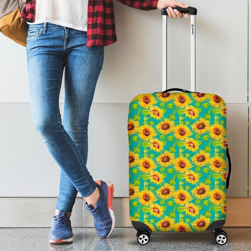 Teal Watercolor Sunflower Pattern Print Luggage Cover GearFrost