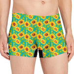 Teal Watercolor Sunflower Pattern Print Men's Boxer Briefs