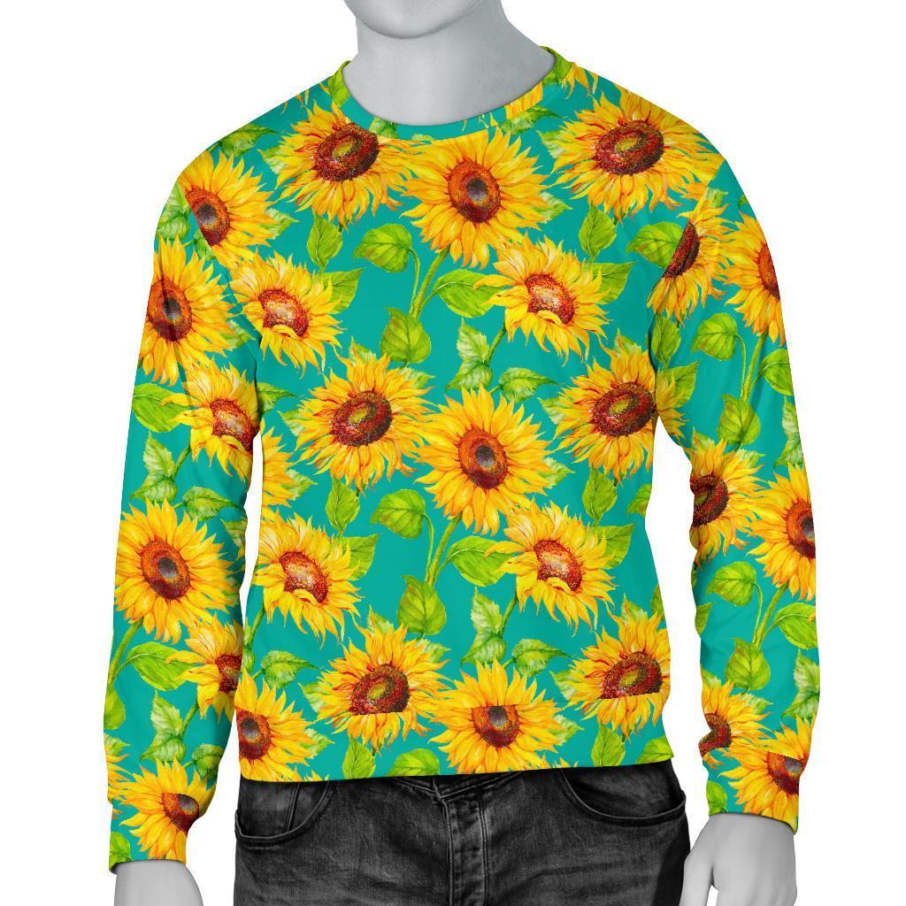 Teal Watercolor Sunflower Pattern Print Men's Crewneck Sweatshirt GearFrost