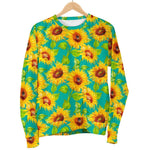 Teal Watercolor Sunflower Pattern Print Men's Crewneck Sweatshirt GearFrost
