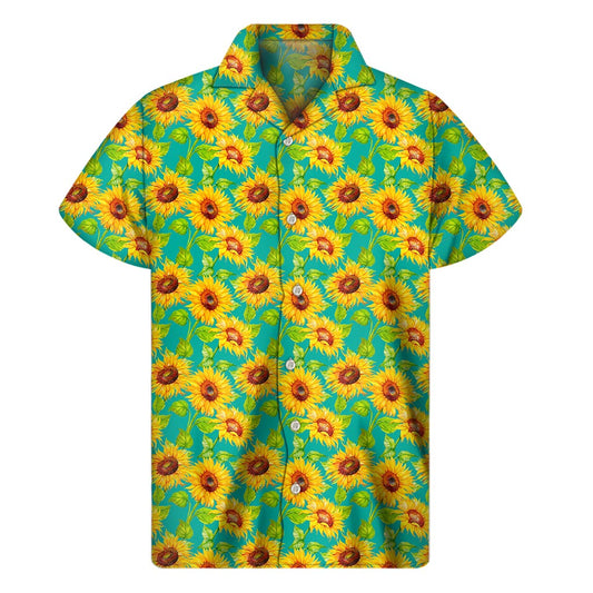 Teal Watercolor Sunflower Pattern Print Men's Short Sleeve Shirt