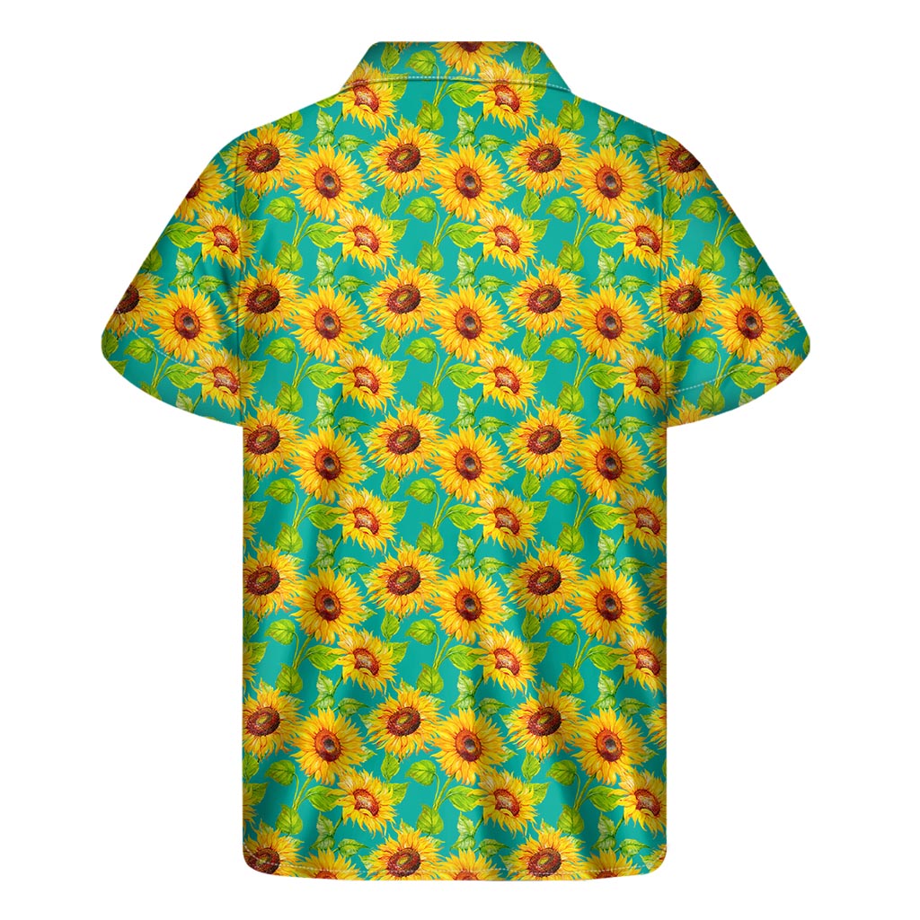 Teal Watercolor Sunflower Pattern Print Men's Short Sleeve Shirt