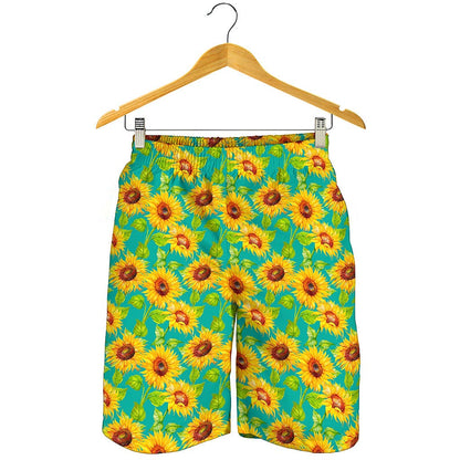 Teal Watercolor Sunflower Pattern Print Men's Shorts