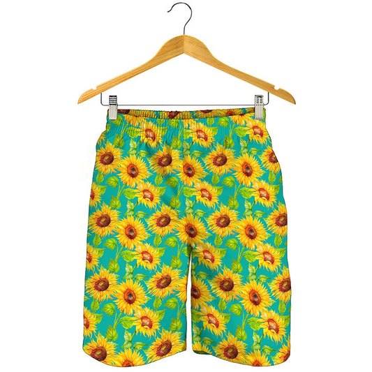 Teal Watercolor Sunflower Pattern Print Men's Shorts