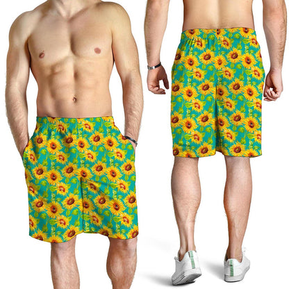 Teal Watercolor Sunflower Pattern Print Men's Shorts