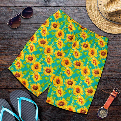 Teal Watercolor Sunflower Pattern Print Men's Shorts
