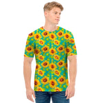 Teal Watercolor Sunflower Pattern Print Men's T-Shirt