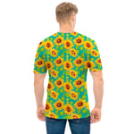 Teal Watercolor Sunflower Pattern Print Men's T-Shirt