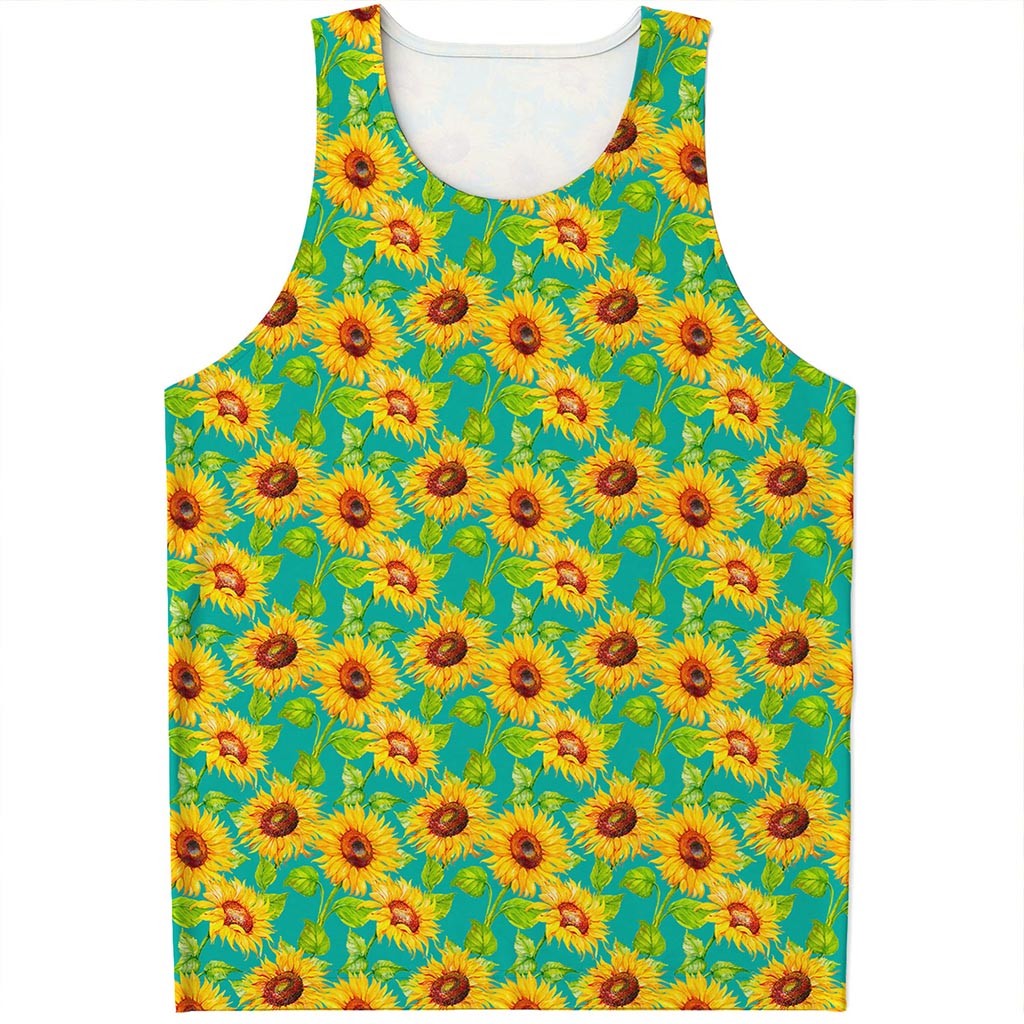 Teal Watercolor Sunflower Pattern Print Men's Tank Top