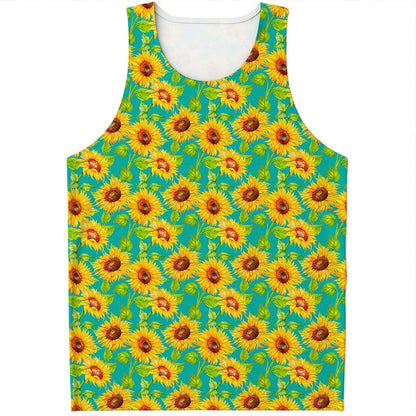 Teal Watercolor Sunflower Pattern Print Men's Tank Top