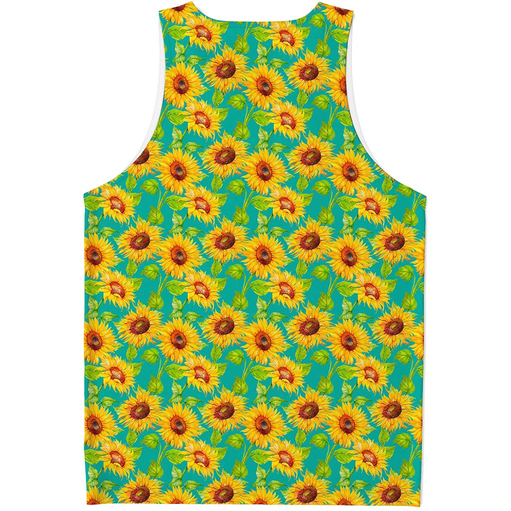 Teal Watercolor Sunflower Pattern Print Men's Tank Top