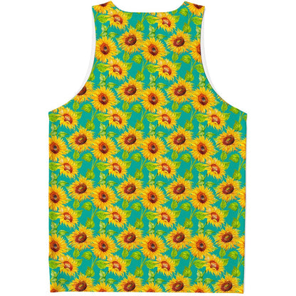 Teal Watercolor Sunflower Pattern Print Men's Tank Top