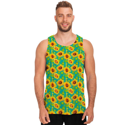 Teal Watercolor Sunflower Pattern Print Men's Tank Top