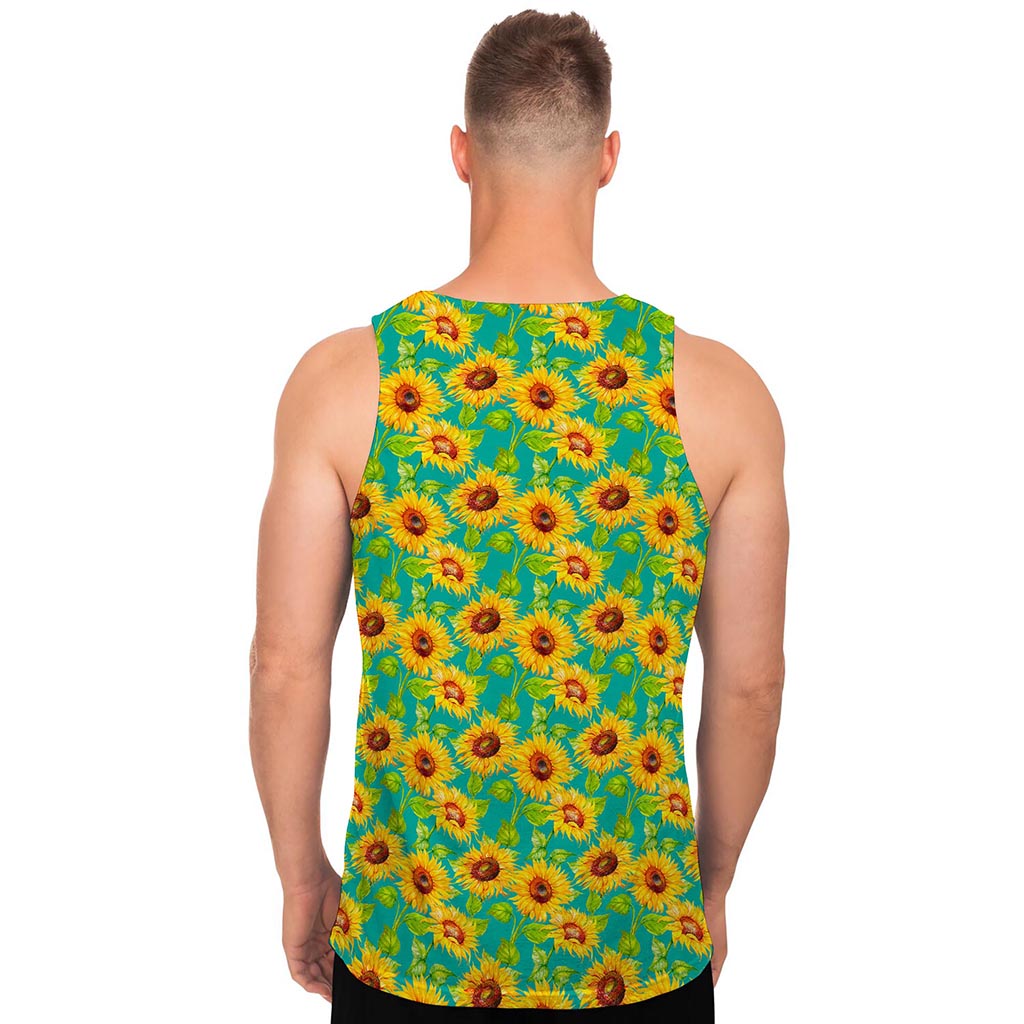 Teal Watercolor Sunflower Pattern Print Men's Tank Top