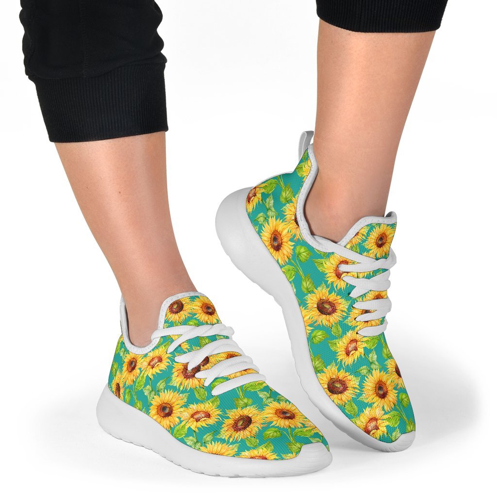 Teal Watercolor Sunflower Pattern Print Mesh Knit Shoes GearFrost
