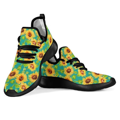 Teal Watercolor Sunflower Pattern Print Mesh Knit Shoes GearFrost