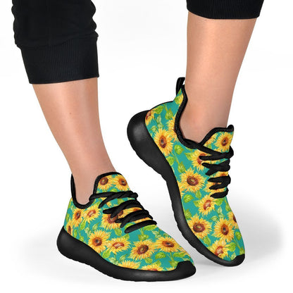 Teal Watercolor Sunflower Pattern Print Mesh Knit Shoes GearFrost