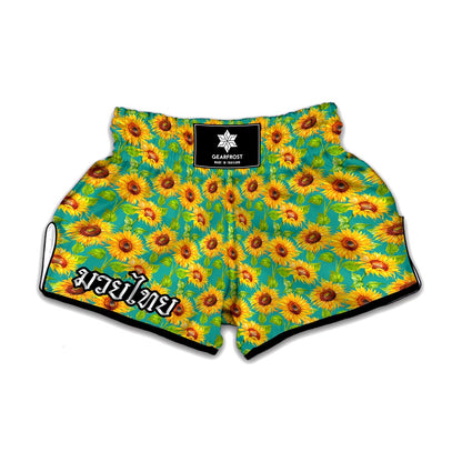 Teal Watercolor Sunflower Pattern Print Muay Thai Boxing Shorts
