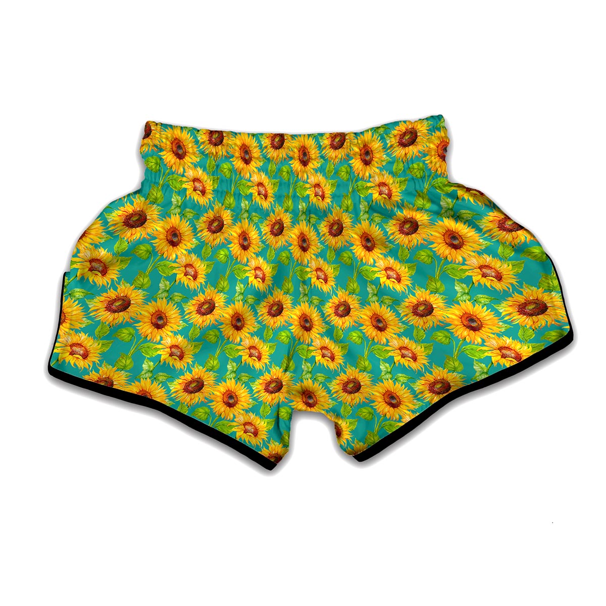 Teal Watercolor Sunflower Pattern Print Muay Thai Boxing Shorts