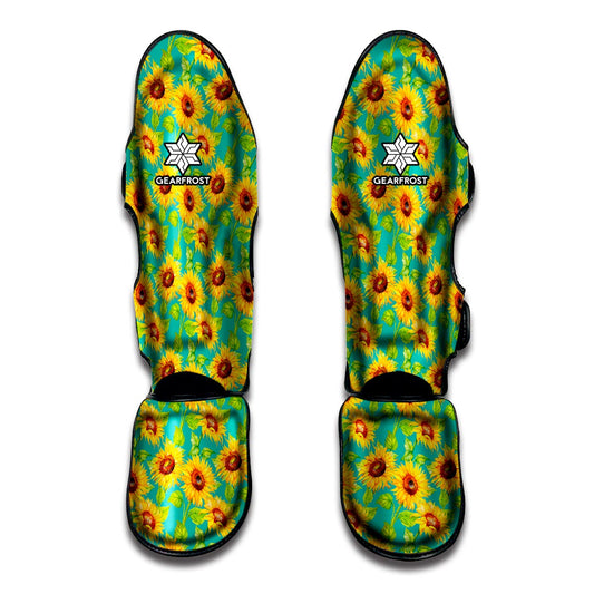 Teal Watercolor Sunflower Pattern Print Muay Thai Shin Guard