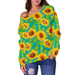 Teal Watercolor Sunflower Pattern Print Off Shoulder Sweatshirt GearFrost