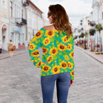 Teal Watercolor Sunflower Pattern Print Off Shoulder Sweatshirt GearFrost
