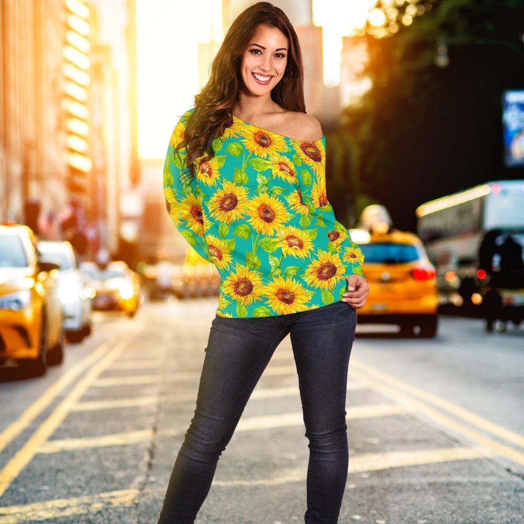 Teal Watercolor Sunflower Pattern Print Off Shoulder Sweatshirt GearFrost