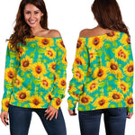 Teal Watercolor Sunflower Pattern Print Off Shoulder Sweatshirt GearFrost