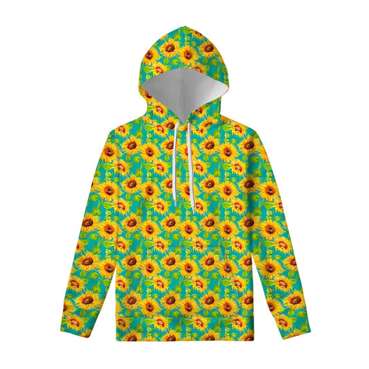 Teal Watercolor Sunflower Pattern Print Pullover Hoodie