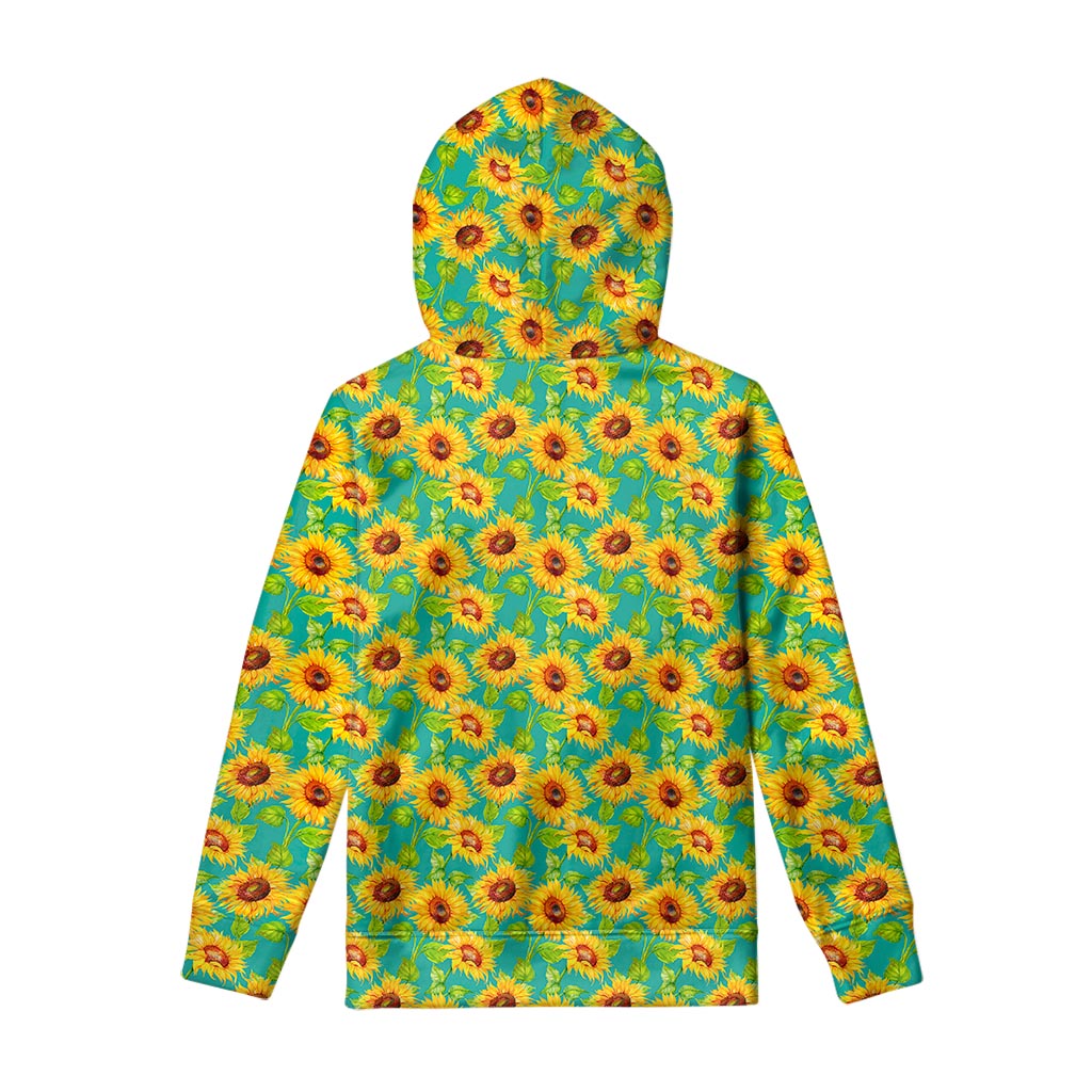 Teal Watercolor Sunflower Pattern Print Pullover Hoodie