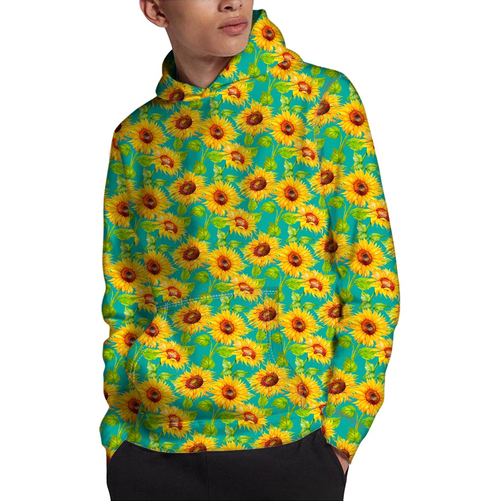 Teal Watercolor Sunflower Pattern Print Pullover Hoodie